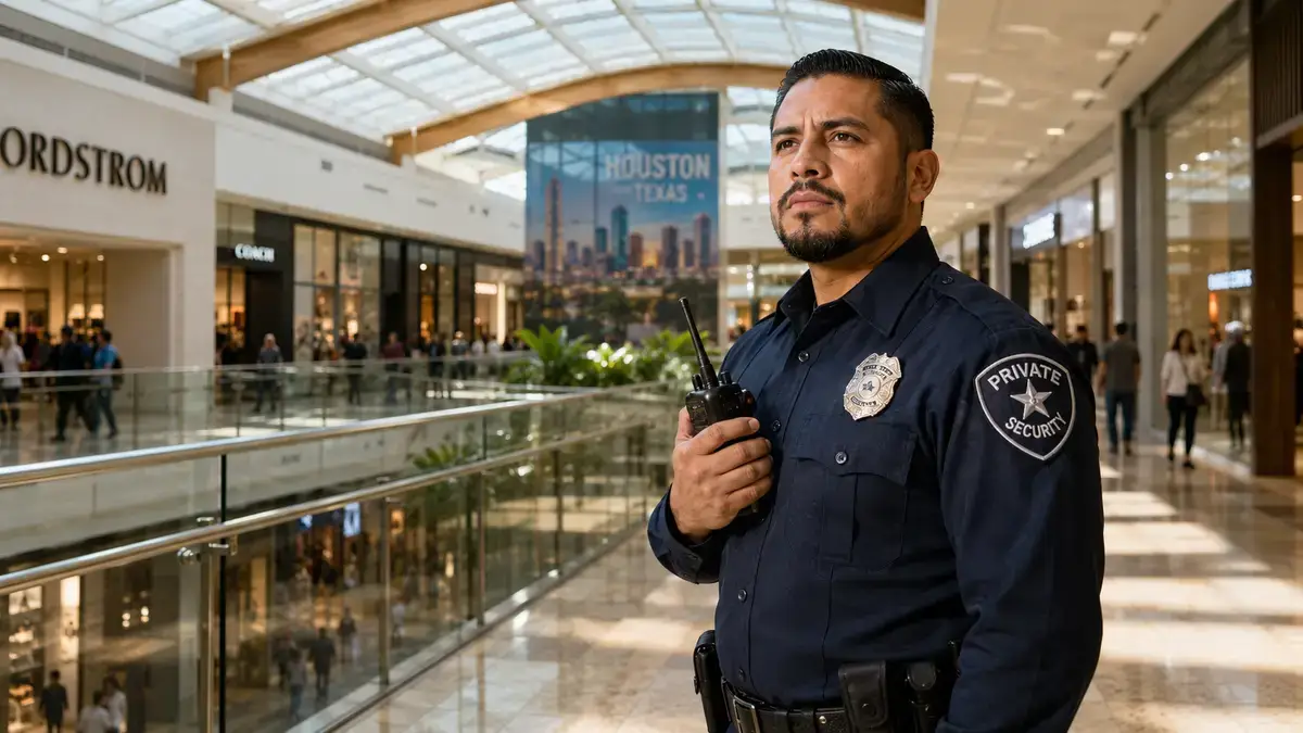 Mall security guard on duty inside a Houston shopping center concourse