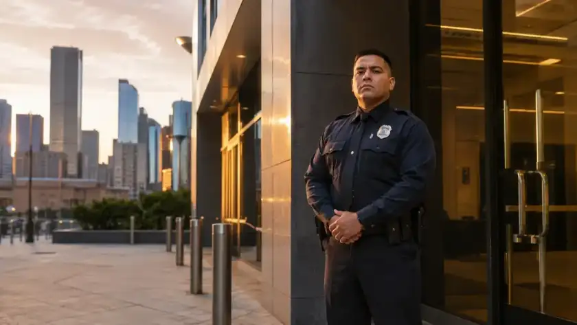Commercial security guard on duty at a Houston business property entrance