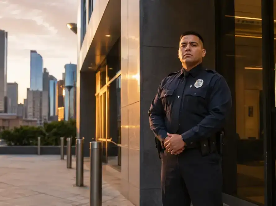 Commercial security guard on duty at a Houston business property entrance