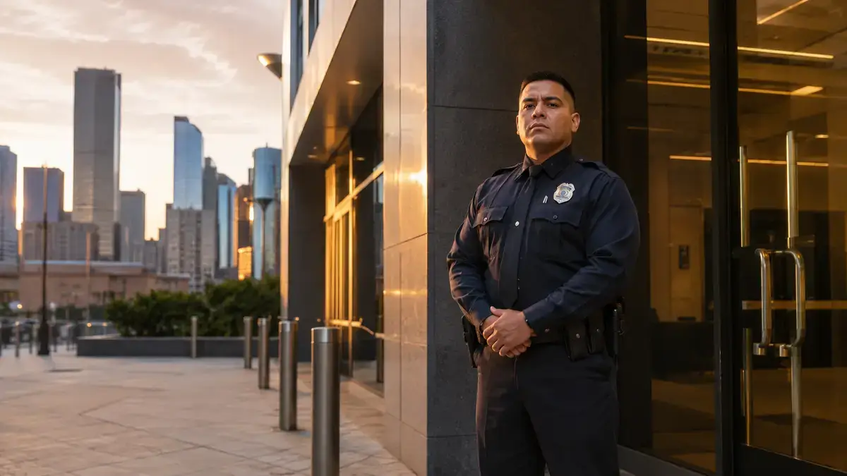Commercial security guard on duty at a Houston business property entrance