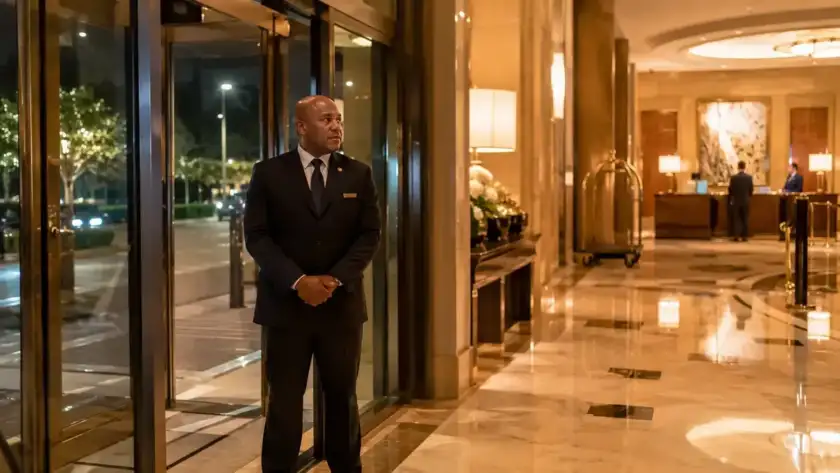 Hotel security guard standing in modern hotel lobby at night providing guest safety