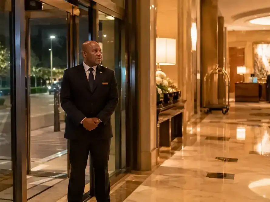 Hotel security guard standing in modern hotel lobby at night providing guest safety
