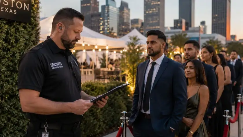 Security guard checking guests at Houston event