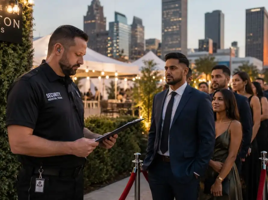 Security guard checking guests at Houston event