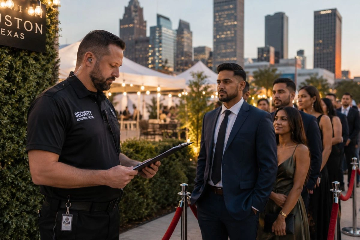 Security guard checking guests at Houston event