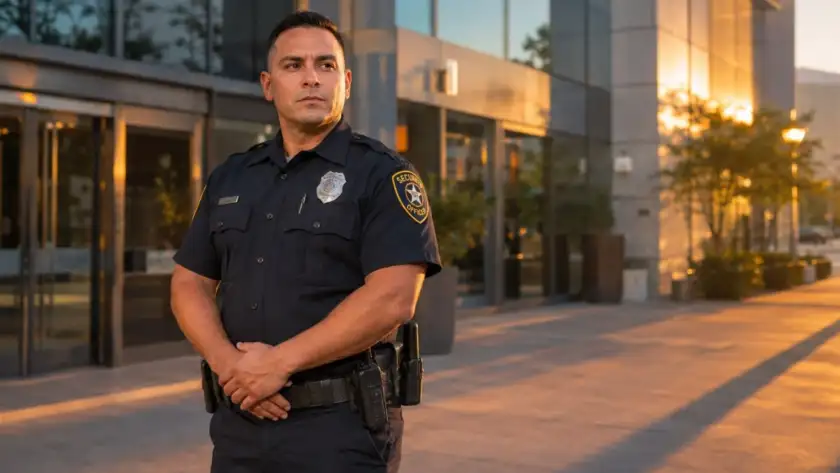 Security guard standing outside Houston commercial building