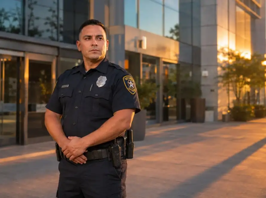Security guard standing outside Houston commercial building