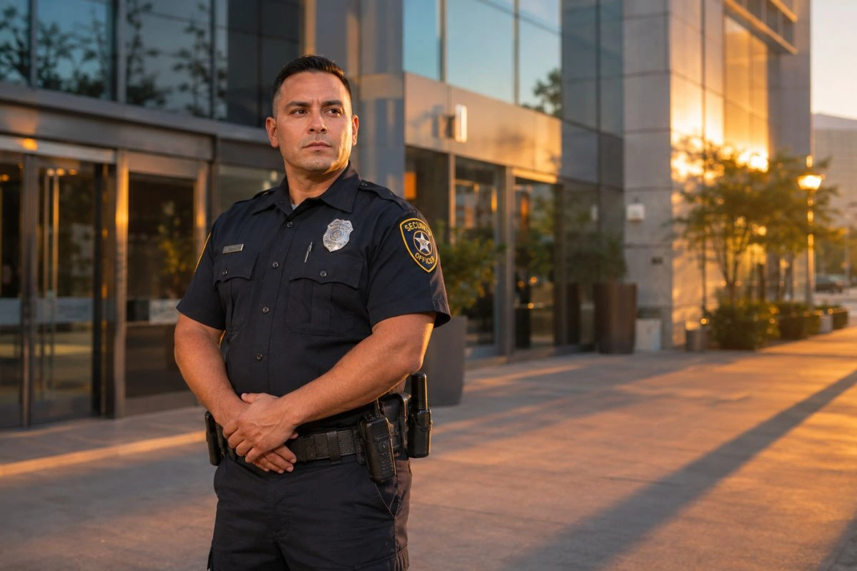 Security guard standing outside Houston commercial building