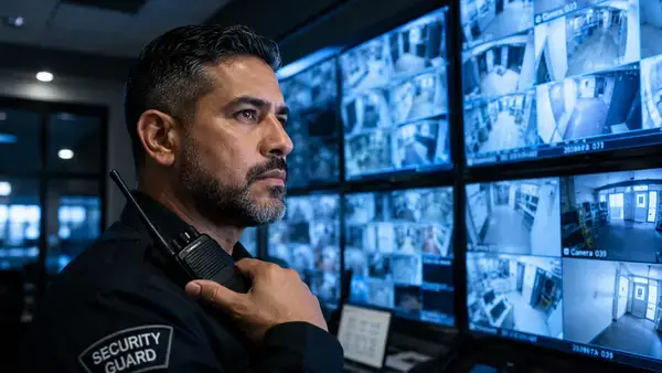 Commercial security guard monitoring live surveillance feeds for threat detection