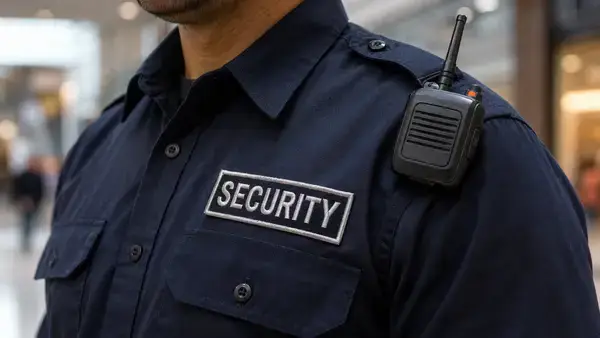 Mall security guard uniform patch and radio, showing private security insignia