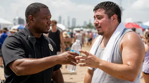Security guards managing crowd during outdoor event in extreme Houston heat