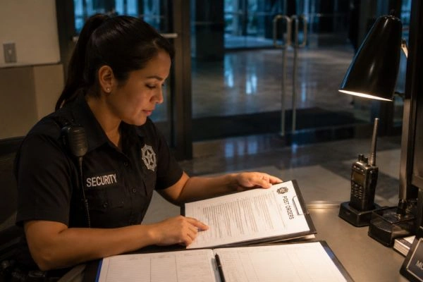 Security guard reviewing post orders at station