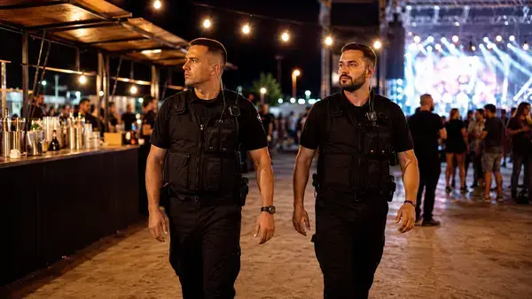 Event security guards monitoring outdoor bar perimeter at Houston concert