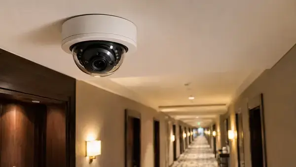 Security camera monitoring hotel hallway to prevent property thef