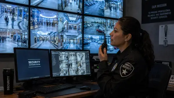 Mall security guard monitoring CCTV cameras in shopping center control room