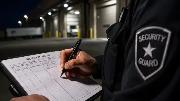Security guard documenting incident in daily activity report during commercial property patrol