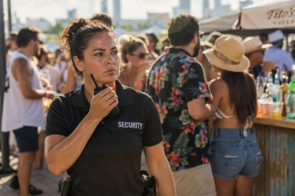Security guard using radio at summer even