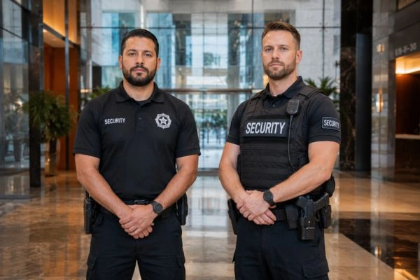 Armed and unarmed security guards in lobby