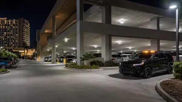 Well-lit hotel parking lot with security patrol preventing vehicle theft