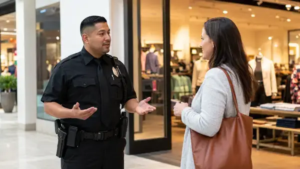 Mall security guard speaking with a shopper at a store entrance