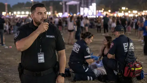 Event security guard coordinating with EMS during medical emergency at large gathering