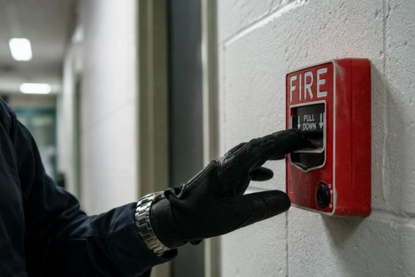 Security guard reaching for fire alarm pull