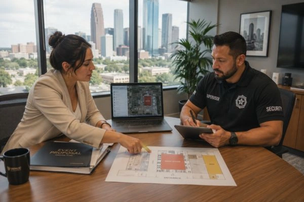 Event planner reviewing security plan with supervisor