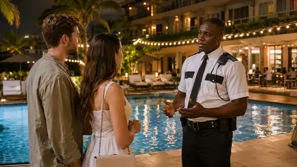 Hotel security guard managing disorderly conduct near pool area
