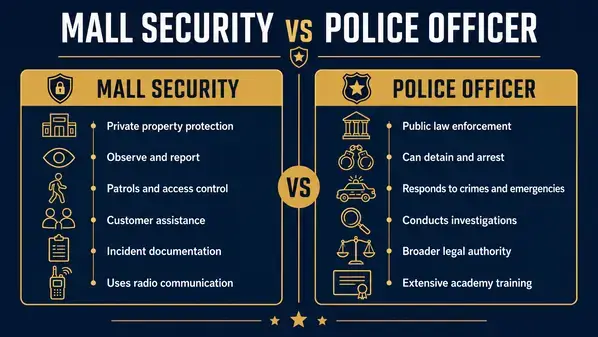 Comparison infographic of mall security and police authority differences