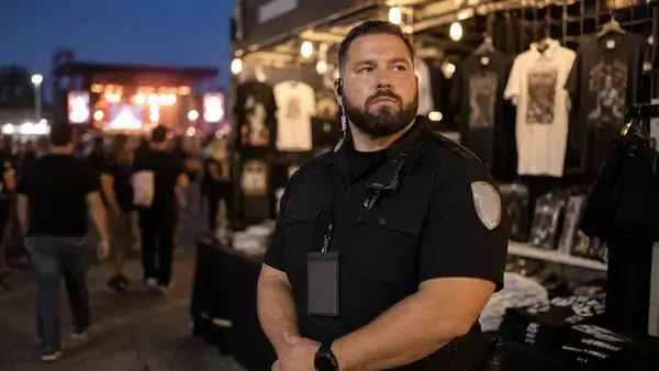 Event security guard preventing theft at merchandise booth during Houston festival