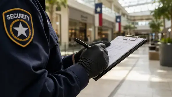 Mall security guard documenting incident report on clipboard during citizen detention 