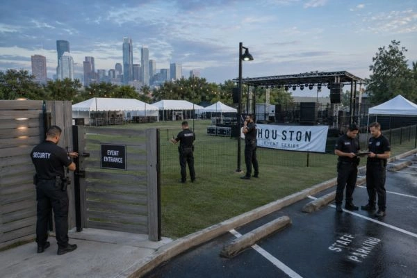 Security team walkthrough at empty Houston venue