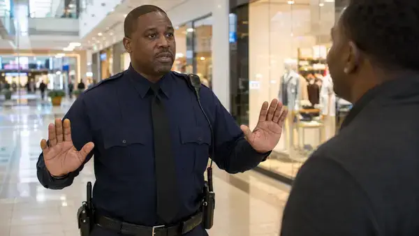 Mall security guard using calm verbal de-escalation in a shopping center