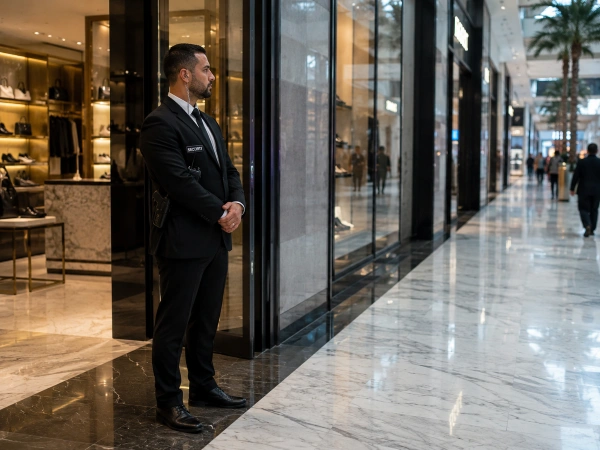 Armed mall security guard stationed at a high-end retail store entrance