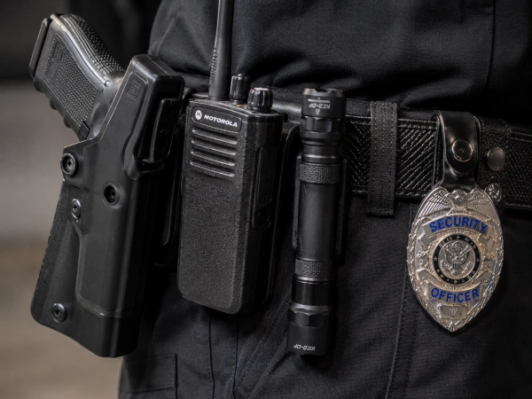 Armed security guard duty belt with holstered firearm radio and flashlight