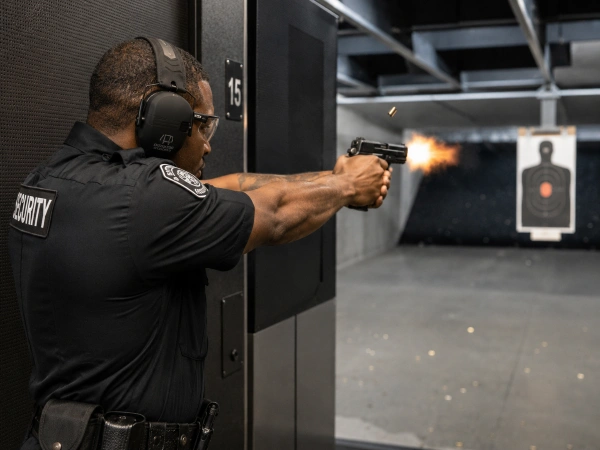 Armed security guard completing firearms training at indoor shooting range
