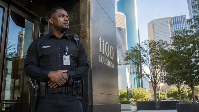 Armed security guard posted at Houston commercial building entrance