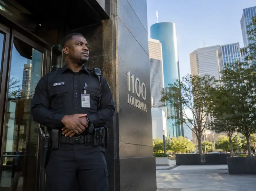 Armed security guard posted at Houston commercial building entrance
