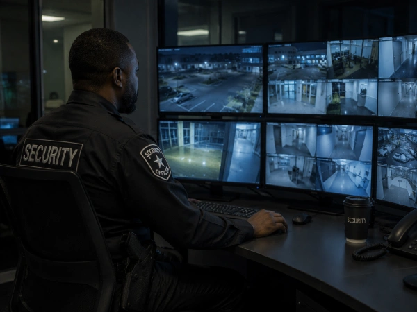 Armed security guard monitoring surveillance cameras at night in Houston control room