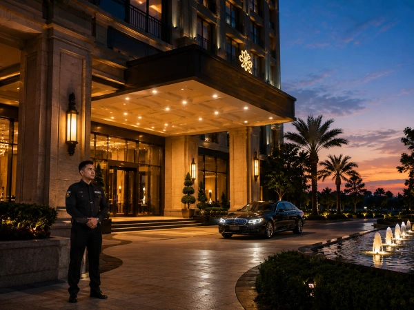 Uniformed security guard stationed at hotel main entrance at night