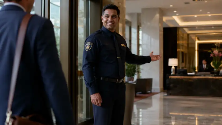 Hotel security guard greeting guests at modern hotel lobby entrance