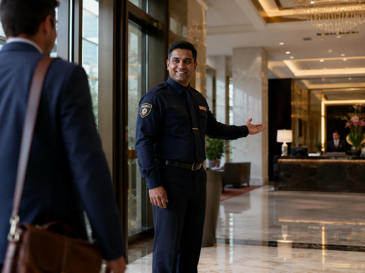 Hotel security guard greeting guests at modern hotel lobby entrance
