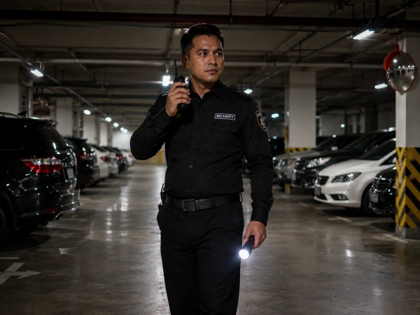 Security guard patrolling hotel parking garage during nighttime shift