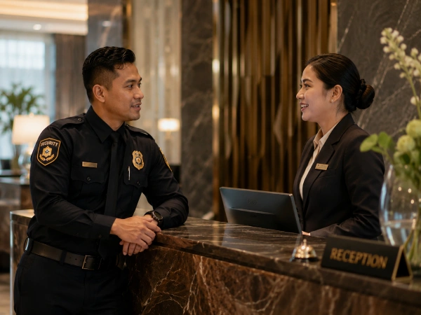 Hotel security guard coordinating with front desk staff in lobby