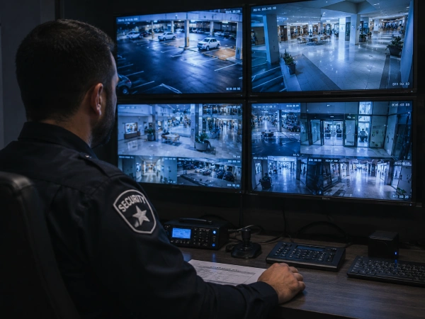 CCTV surveillance specialist monitoring mall security cameras in control room