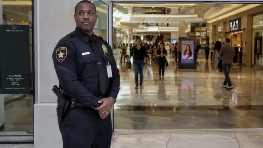 Mall security guard standing at Houston shopping center entrance