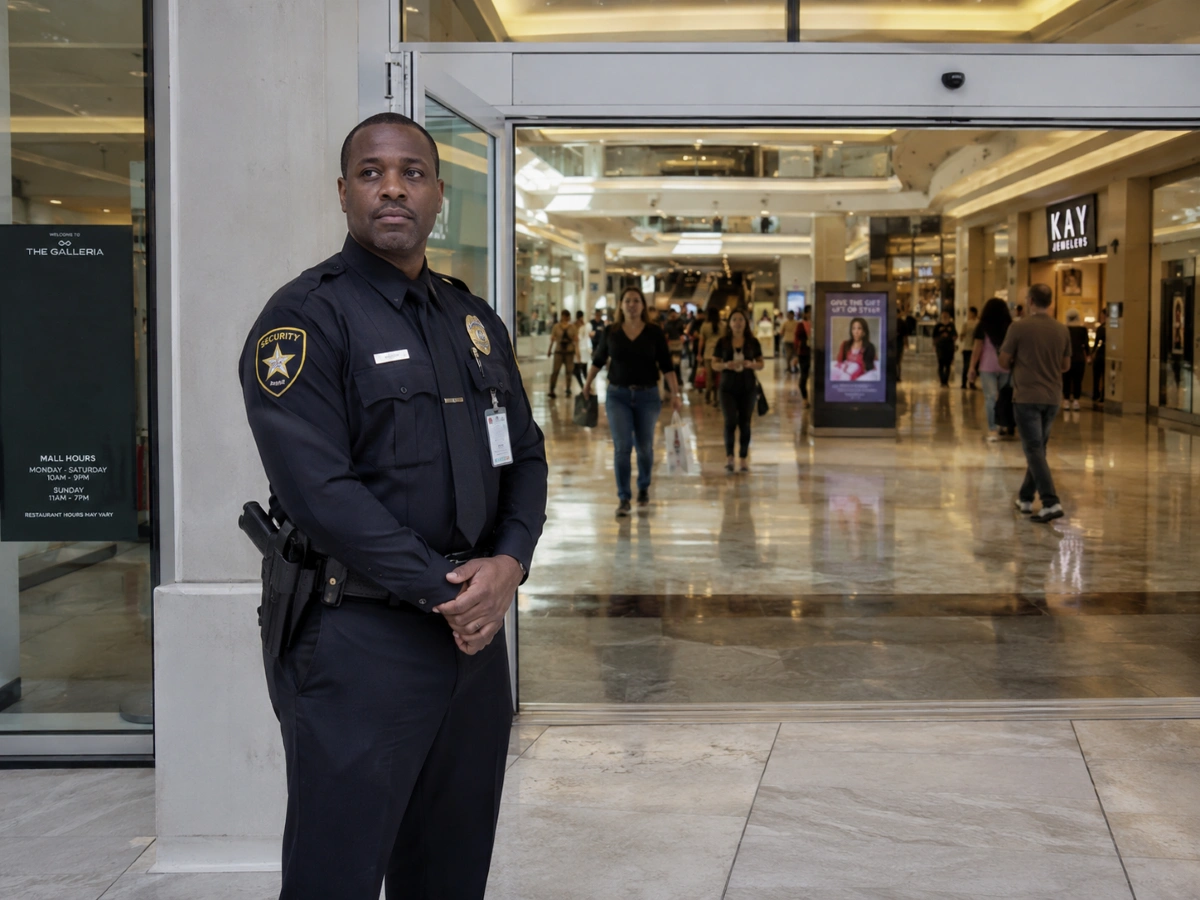 Mall security guard standing at Houston shopping center entrance