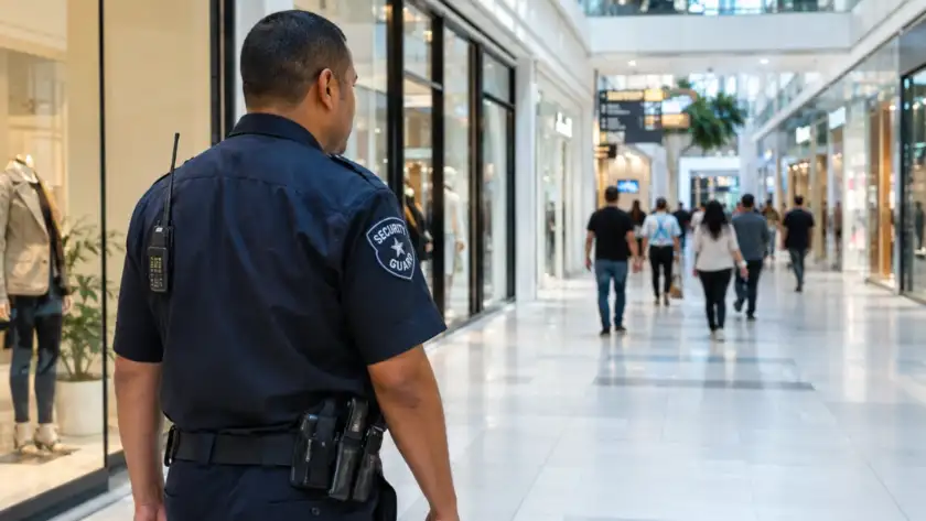 Mall security guard patrolling a modern shopping center corridor in Houston
