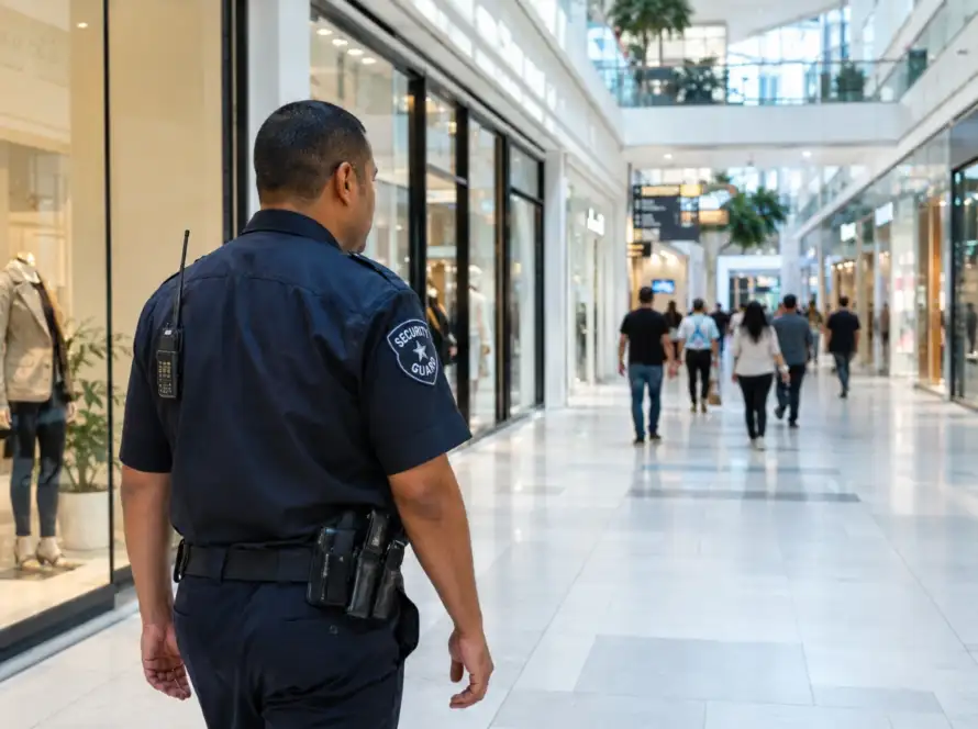 Mall security guard patrolling a modern shopping center corridor in Houston