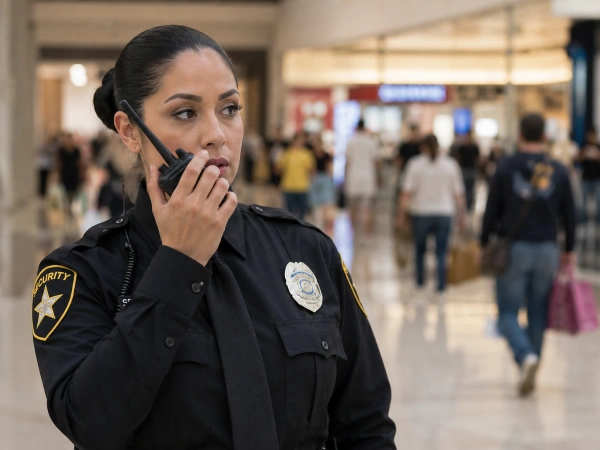 Security guard using radio during lost child search in mall